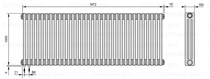 Схема (чертеж) Радиатор Zehnder Charleston 3100/32 №3370 Белый глянцевый RAL 9016